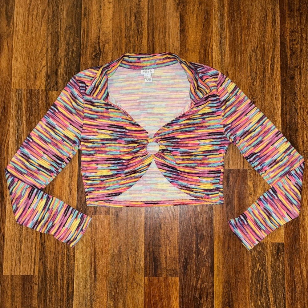 Rue21 Womens XL Multi Color Space Dye O-Ring Ribbed Long Sleeve Crop Top Collar